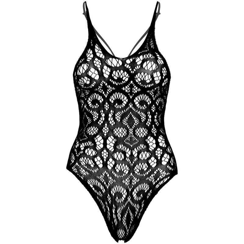 LEG AVENUE - BEZSZWOWE KORONKOWE TEDDY WZÓR ZWOJU - CZARNE