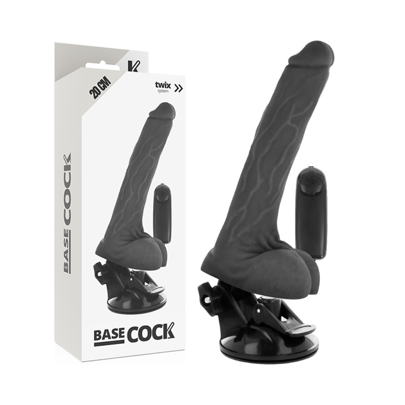 BASECOCK - REALISTYCZNY CZARNY WIBRATOR Z PILOTEM I JĄDRAMI 20 CM -Ø- 4 CM