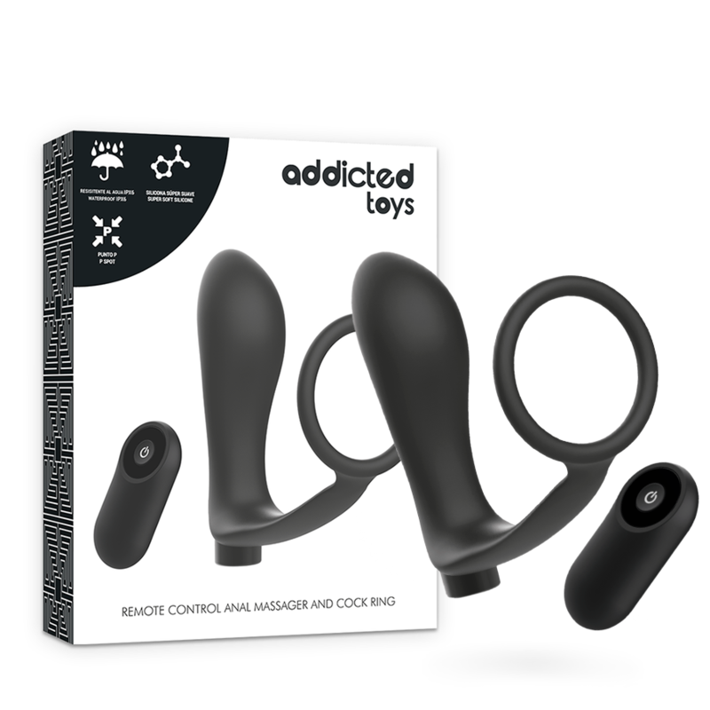 ADDICTED TOYS - PIERŚCIEŃ EREKCYJNY Z KORKIEM ANALNYM Z PILOTEM CZARNY AKUMULATOROWY