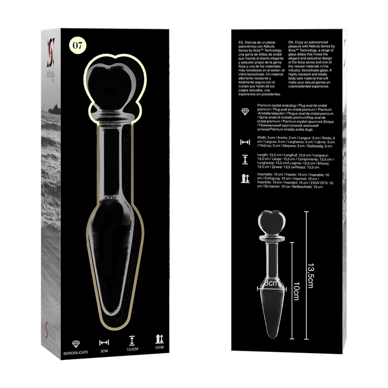 SERIA NEBULA FIRMY IBIZA – KOREK ANALNY MODEL 7 ZE SZKŁA BOROKRZEMOWEGO, PRZEZROCZYSTY 13,5 CM -O- 3 CM