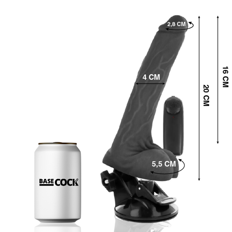 BASECOCK - REALISTYCZNY CZARNY WIBRATOR Z PILOTEM I JĄDRAMI 20 CM -Ø- 4 CM