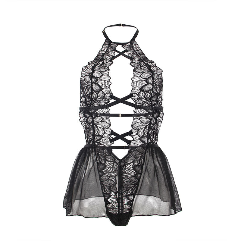 SUBBLIME - CZARNY KORONKOWY GORSET HALTER Z ODKRYTYMI PLECAMI L/XL