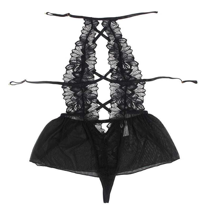 SUBBLIME - CZARNY KORONKOWY GORSET HALTER Z ODKRYTYMI PLECAMI L/XL