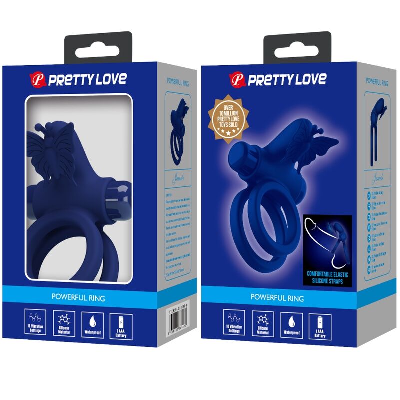 PRETTY LOVE - JAMELE PODWÓJNY PIERŚCIEŃ Z WIBRACJĄ I STYMULATOREM-MOTYLKIEM NIEBIESKI