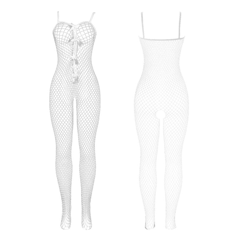 SUBBLIME - 951740 BODYSTOCKING BIAŁY W SIATKĘ BEZ KROKU Z KOKARDKAMI ROZMIAR UNIWERSALNY