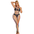 SUBBLIME - 952358 BODYSTOKING SIATECZKOWE W TĘCZOWE PASY Z WIĄZANIEM NA SZYI XS/M