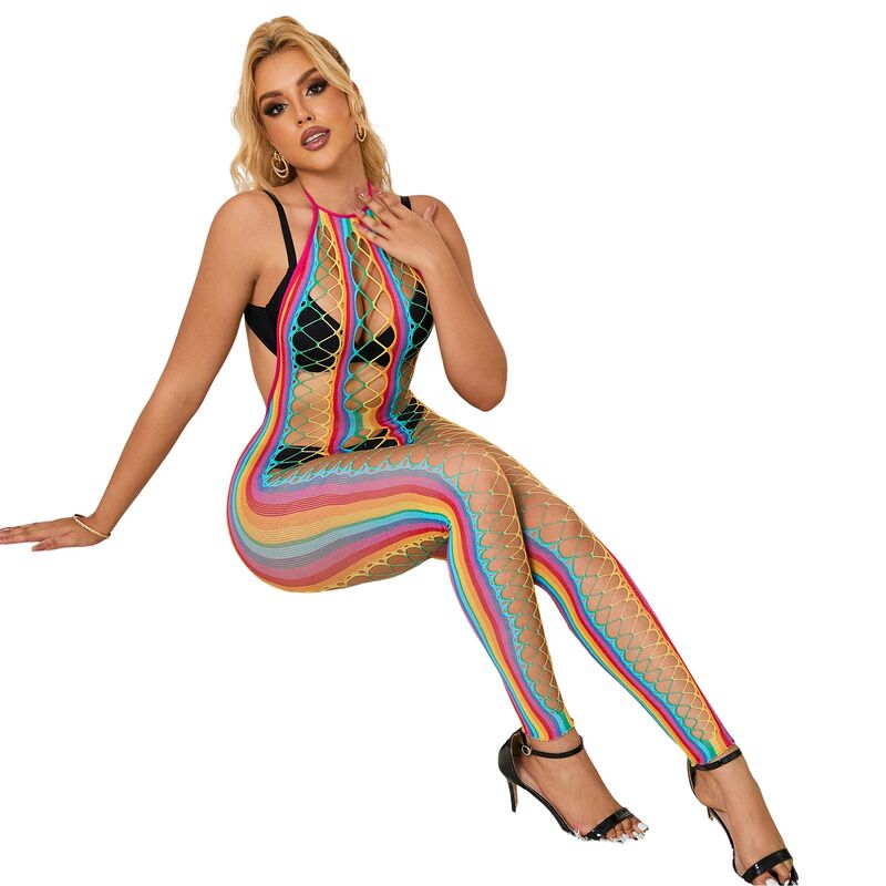 SUBBLIME - 952358 BODYSTOKING SIATECZKOWE W TĘCZOWE PASY Z WIĄZANIEM NA SZYI XS/M