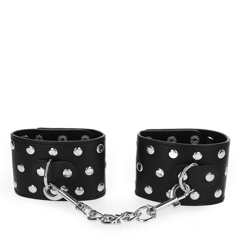 KINK - KAJDANKI NA NADGARSTKI Z ZAPIĘCIEM NA ZATRZASK, PEŁNE NITÓW, CZARNE, REGULOWANE 19-24 CM X 5.5 CM