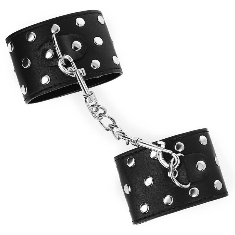 KINK - KAJDANKI NA NADGARSTKI Z ZAPIĘCIEM NA ZATRZASK, PEŁNE NITÓW, CZARNE, REGULOWANE 19-24 CM X 5.5 CM