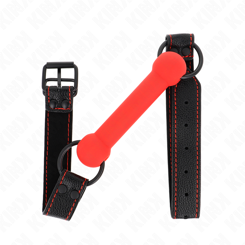 KINK - GAG KOSCIANY Z PASKIEM ZE SZTUCZNEJ SKÓRY CZERWONY REGULOWANY 41-57 CM