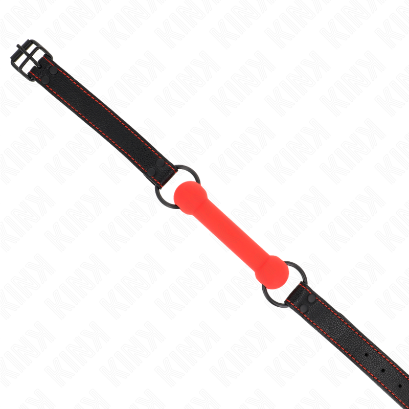 KINK - GAG KOSCIANY Z PASKIEM ZE SZTUCZNEJ SKÓRY CZERWONY REGULOWANY 41-57 CM