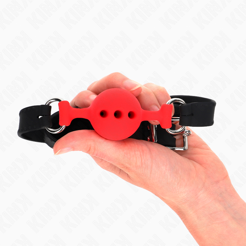 KINK - PEŁNY SILIKONOWY KNEBEL 55 x 2 CM Z KULKĄ 4 CM ROZMIAR S CZERWONY REGULOWANY 35-51 CM
