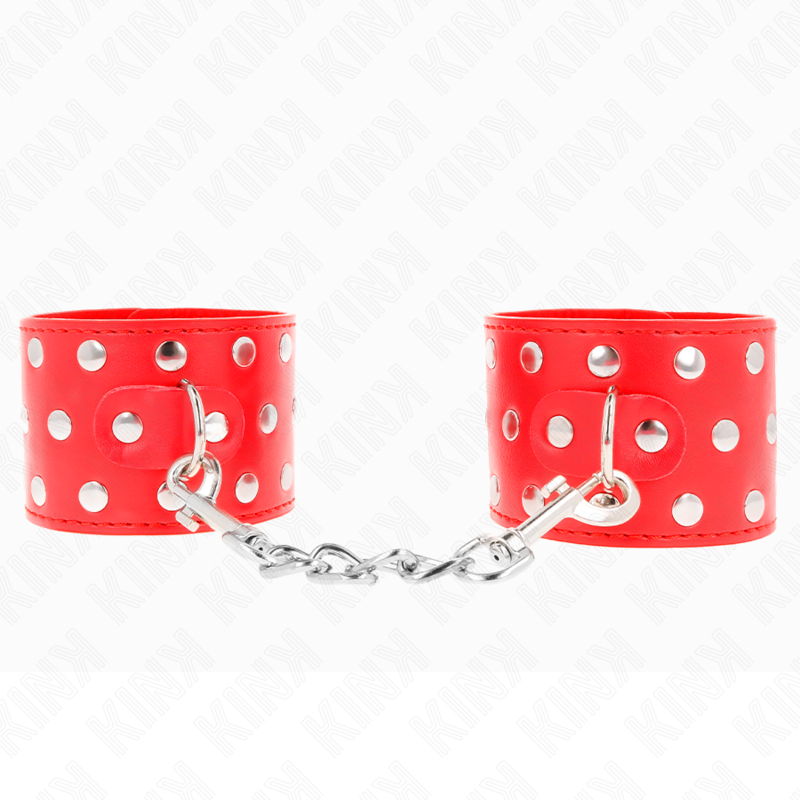 KINK - KAJDANKI NA NADGARSTKI Z ZATRZASKIEM PEŁNE NITÓW CZERWONE REGULOWANE 19-24 CM X 5,5 CM