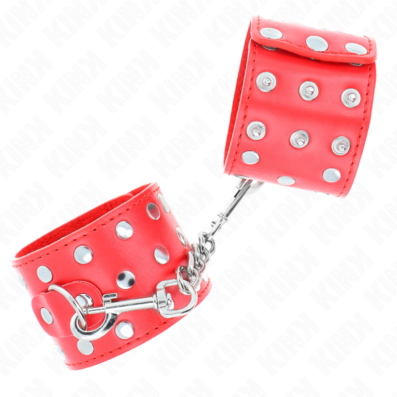 KINK - KAJDANKI NA NADGARSTKI Z ZATRZASKIEM PEŁNE NITÓW CZERWONE REGULOWANE 19-24 CM X 5,5 CM