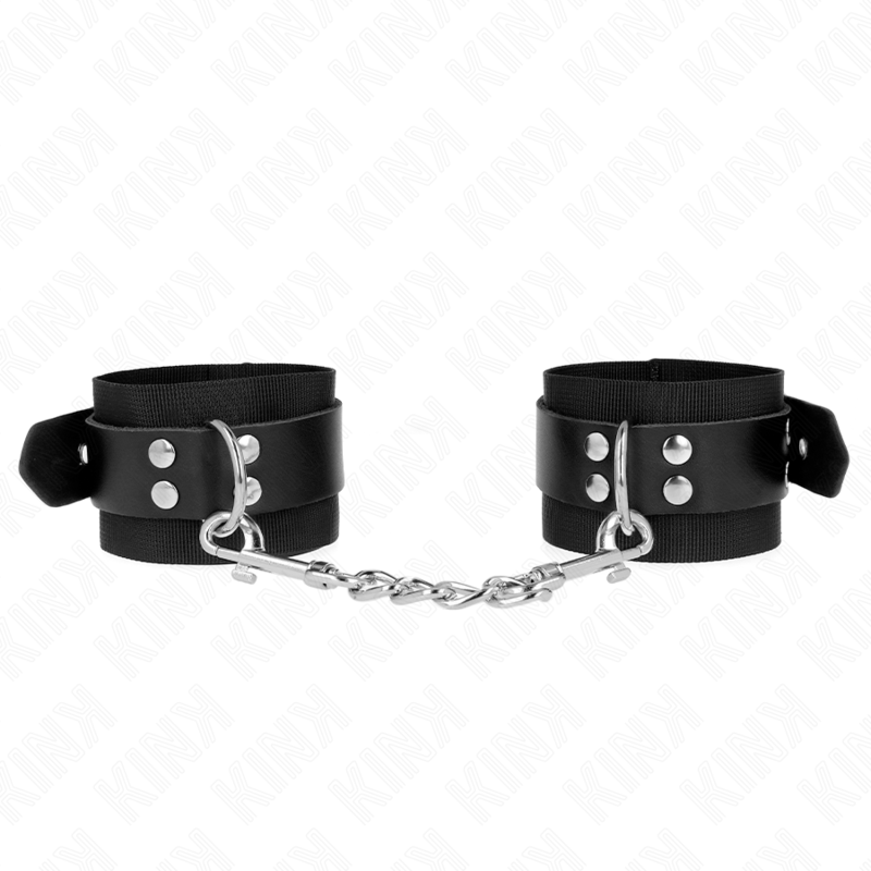 KINK - KAJDANKI NA NADGARSTKI NYLONOWE CZARNE Z PASKIEM SKÓRZANYM CZARNYM REGULOWANE 19-29 CM X 5.1 CM