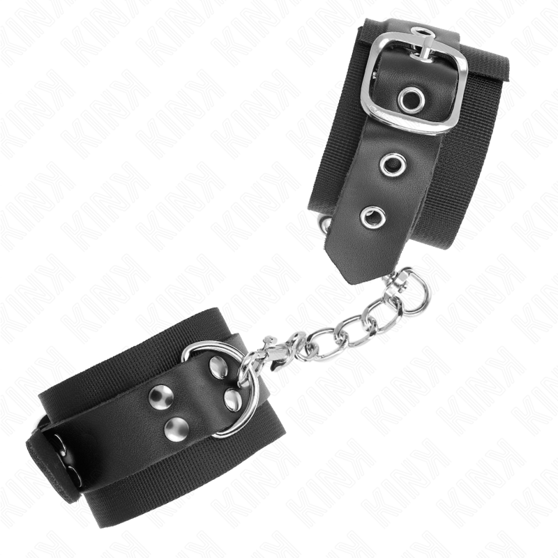 KINK - KAJDANKI NA NADGARSTKI NYLONOWE CZARNE Z PASKIEM SKÓRZANYM CZARNYM REGULOWANE 19-29 CM X 5.1 CM