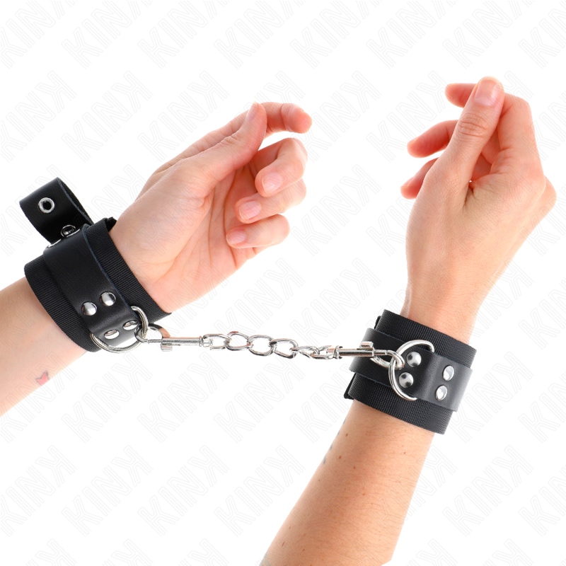 KINK - KAJDANKI NA NADGARSTKI NYLONOWE CZARNE Z PASKIEM SKÓRZANYM CZARNYM REGULOWANE 19-29 CM X 5.1 CM
