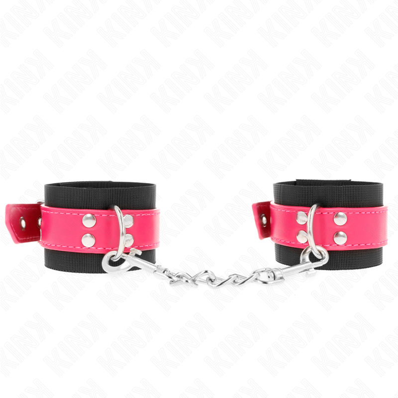 KINK - KAJDANKI NYLONOWE CZARNE Z PASKIEM ZE SZTUCZNEJ SKÓRY MALINOWA RÓŻA REGULOWANE 19-29 CM X 5.1 CM