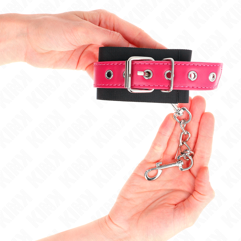 KINK - KAJDANKI NYLONOWE CZARNE Z PASKIEM ZE SZTUCZNEJ SKÓRY MALINOWA RÓŻA REGULOWANE 19-29 CM X 5.1 CM