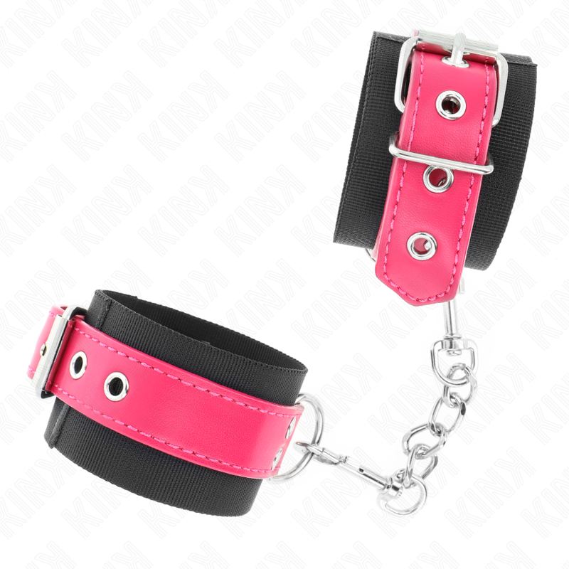 KINK - KAJDANKI NYLONOWE CZARNE Z PASKIEM ZE SZTUCZNEJ SKÓRY MALINOWA RÓŻA REGULOWANE 19-29 CM X 5.1 CM
