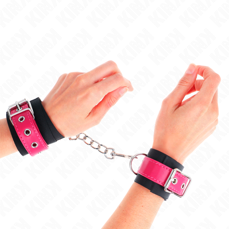 KINK - KAJDANKI NYLONOWE CZARNE Z PASKIEM ZE SZTUCZNEJ SKÓRY MALINOWA RÓŻA REGULOWANE 19-29 CM X 5.1 CM