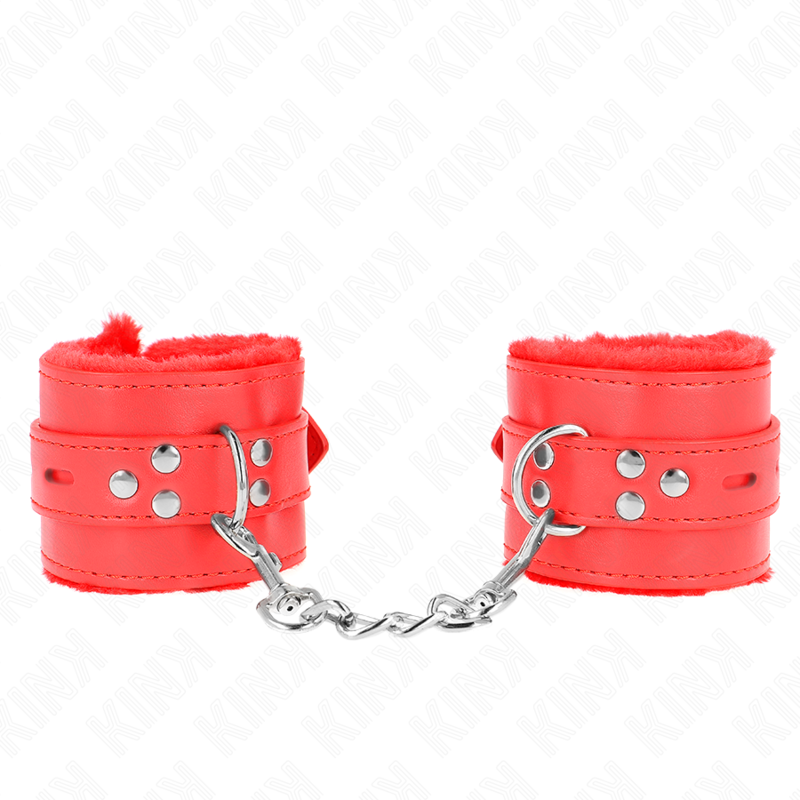 KINK - CZERWONE KAJDANKI NA NADGARSTKI Z FUTREM I KWADRATOWYMI OTWORAMI ORAZ CZERWONY PASEK Z REGULACJĄ 17-29 CM X 6 CM