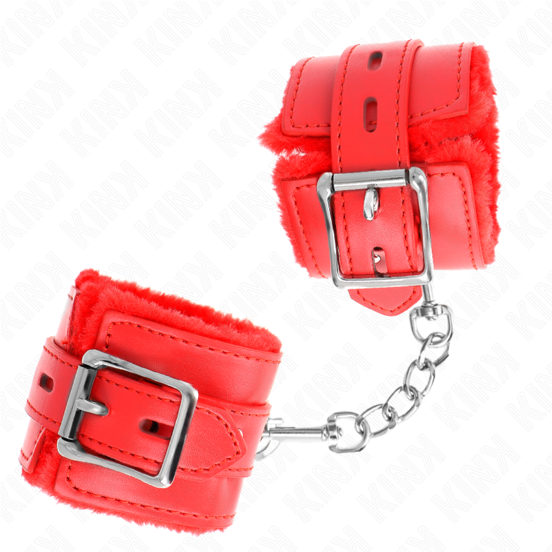 KINK - CZERWONE KAJDANKI NA NADGARSTKI Z FUTREM I KWADRATOWYMI OTWORAMI ORAZ CZERWONY PASEK Z REGULACJĄ 17-29 CM X 6 CM