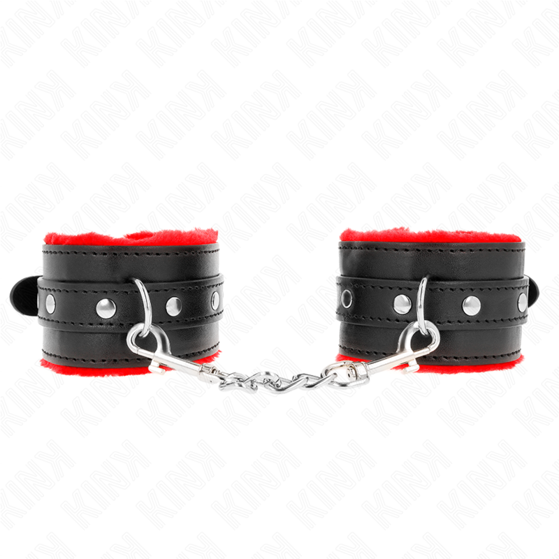 KINK - KAJDANKI Z FUTREM Z PODSZEWKĄ, CZERWONE Z CZARNYM PASKIEM, REGULOWANE 17-29 CM X 6 CM