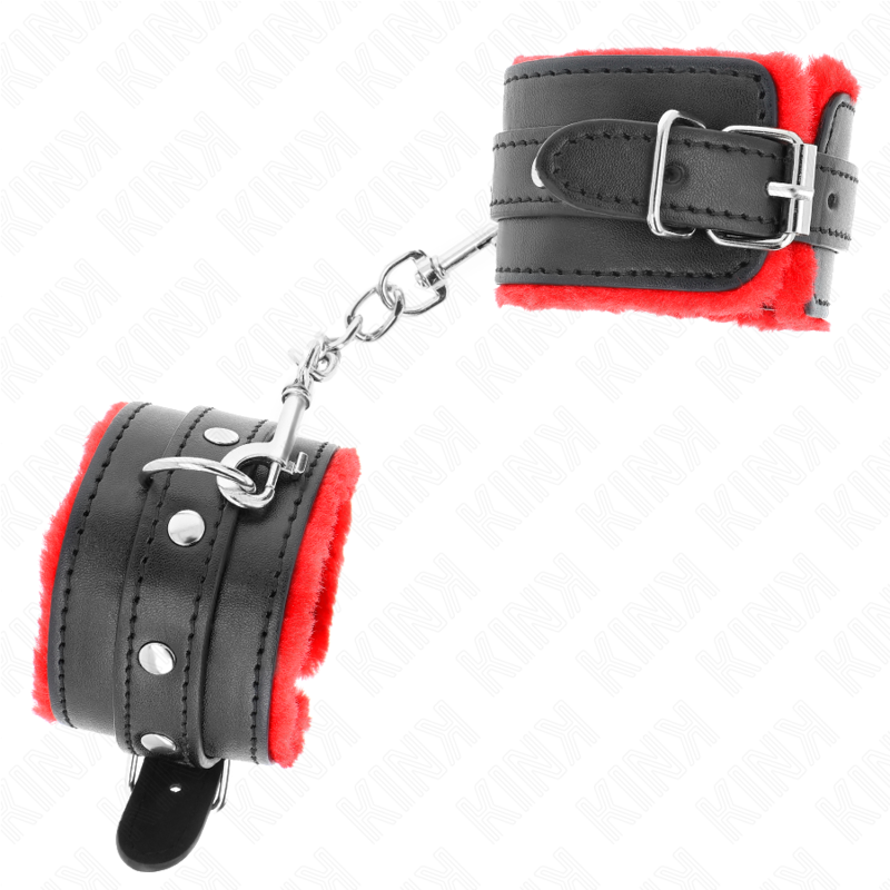 KINK - KAJDANKI Z FUTREM Z PODSZEWKĄ, CZERWONE Z CZARNYM PASKIEM, REGULOWANE 17-29 CM X 6 CM