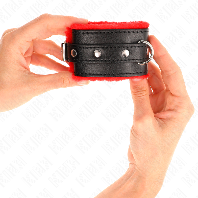 KINK - KAJDANKI Z FUTREM Z PODSZEWKĄ, CZERWONE Z CZARNYM PASKIEM, REGULOWANE 17-29 CM X 6 CM