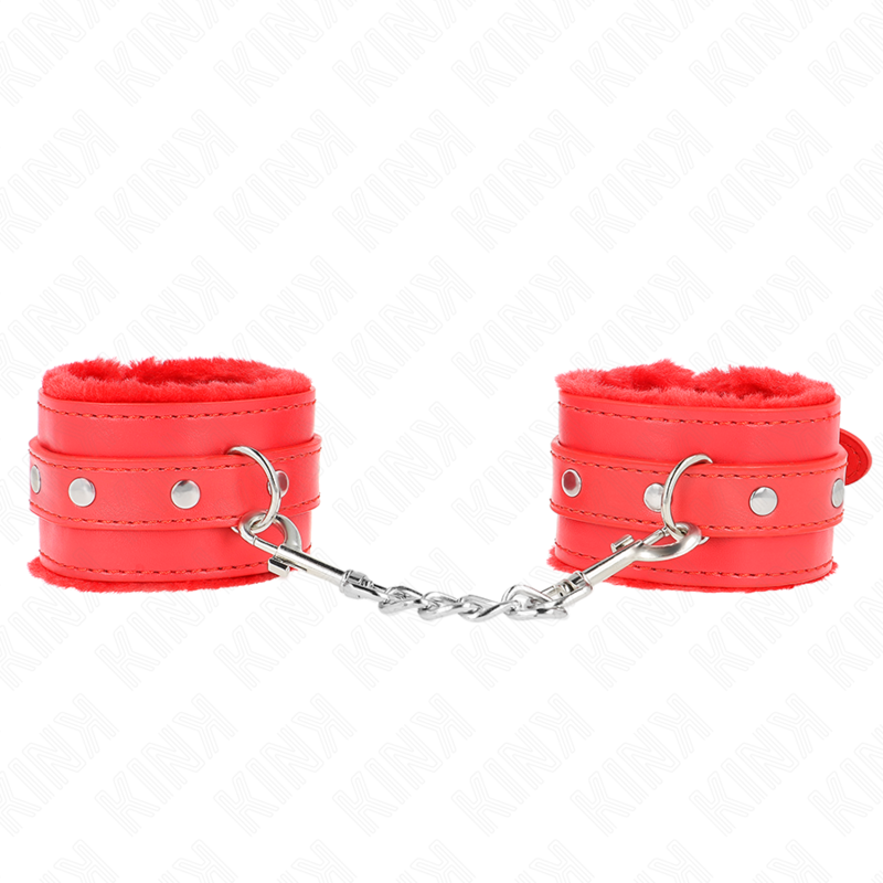 KINK - KAJDANKI Z FUTREM NA NADGARSTKI CZERWONE Z CZERWONYM PASKIEM REGULOWANE 17-29 CM X 6 CM
