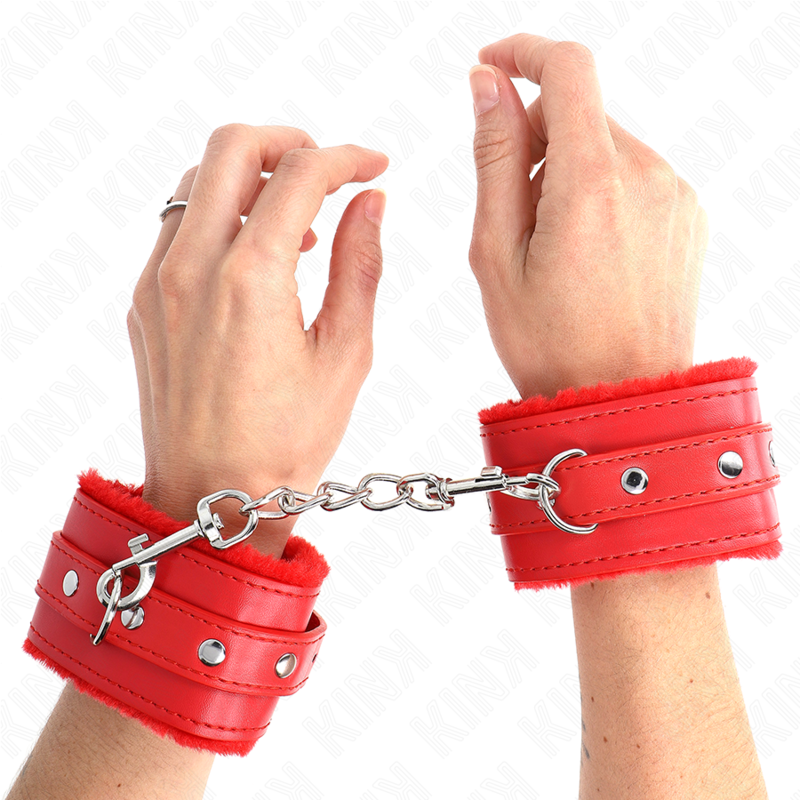 KINK - KAJDANKI Z FUTREM NA NADGARSTKI CZERWONE Z CZERWONYM PASKIEM REGULOWANE 17-29 CM X 6 CM