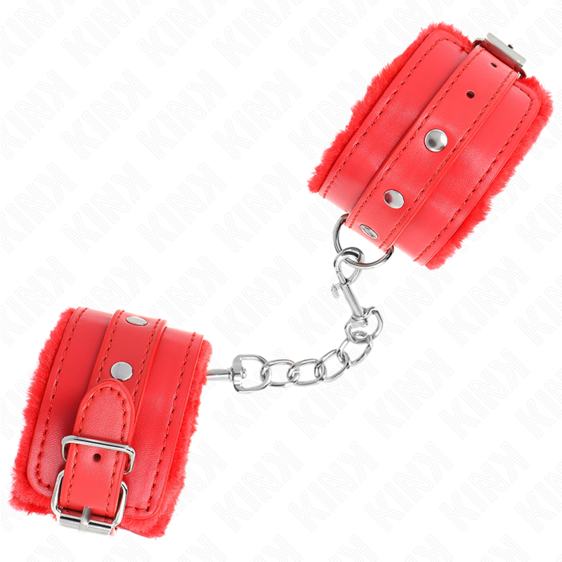 KINK - KAJDANKI Z FUTREM NA NADGARSTKI CZERWONE Z CZERWONYM PASKIEM REGULOWANE 17-29 CM X 6 CM