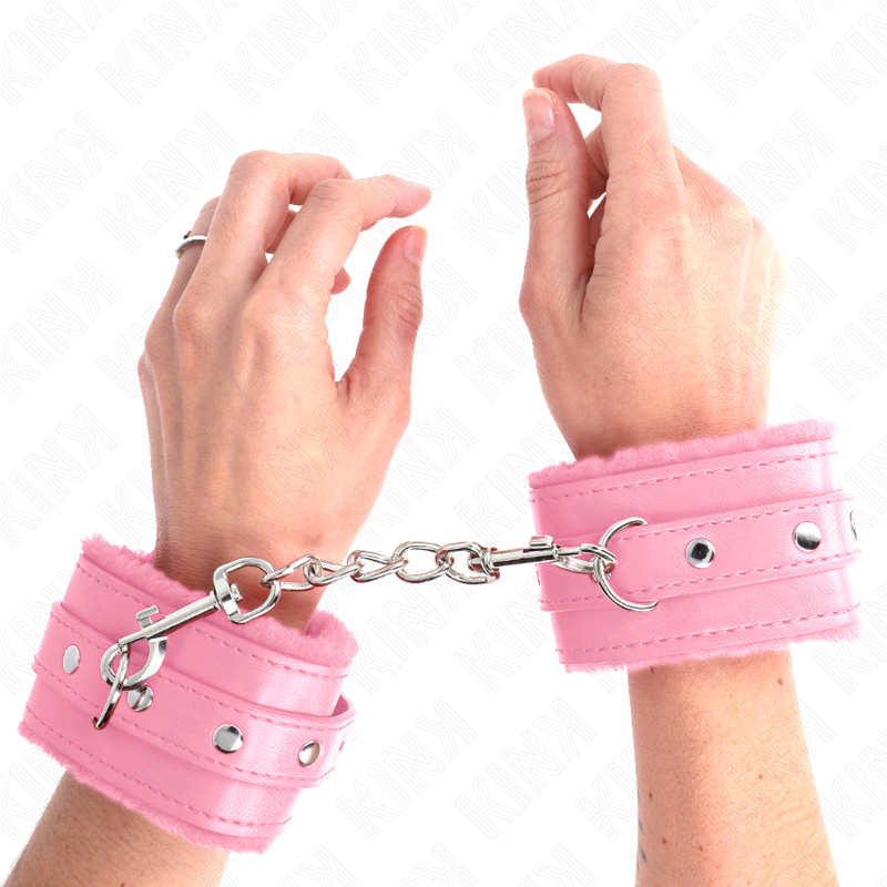 KINK - OGRANICZNIKI NA NADGARSTKI Z FUTREM RÓŻOWE Z RÓŻOWYM PASKIEM REGULOWANE 17-29 CM X 6 CM