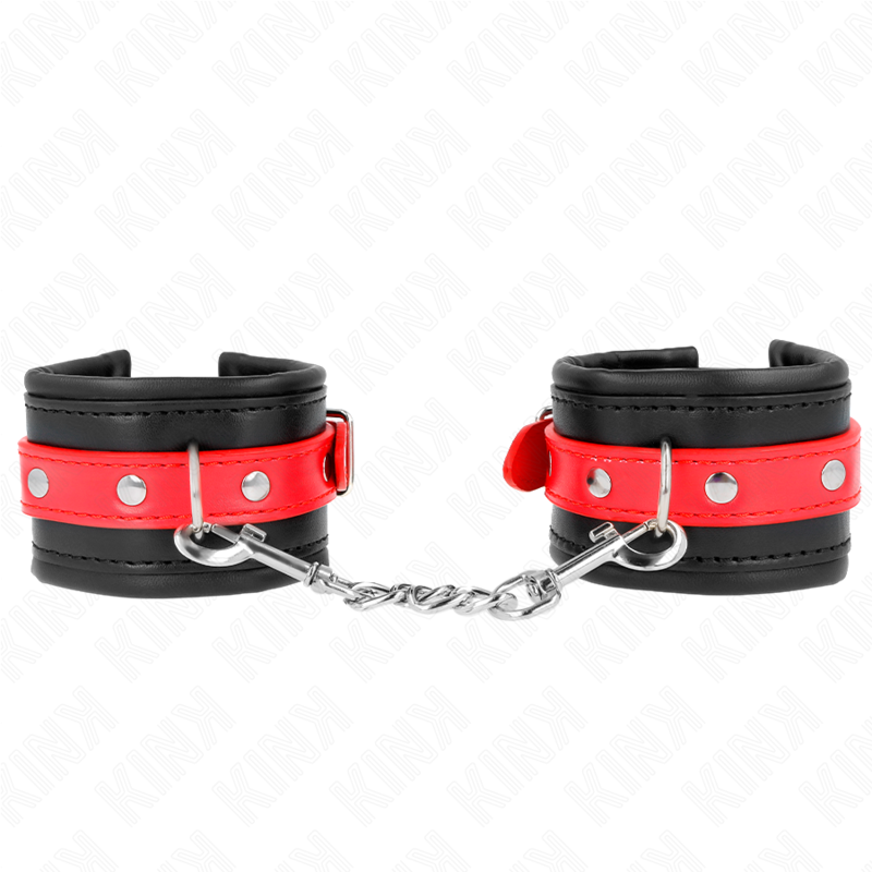 KINK - KAJDANKI NA NADGARSTKI CZARNE Z CZERWONYM PASKIEM REGULOWANE 17-28 CM X 6 CM