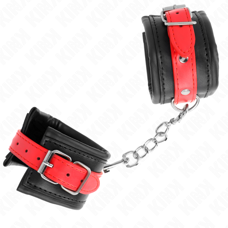 KINK - KAJDANKI NA NADGARSTKI CZARNE Z CZERWONYM PASKIEM REGULOWANE 17-28 CM X 6 CM