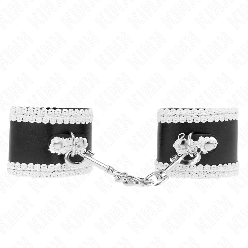 KINK - CZARNE KAJDANKI NA NADGARSTKI Z BIAŁĄ OZDOBNĄ KORONKĄ REGULOWANE 20-23 CM X 5,5 CM