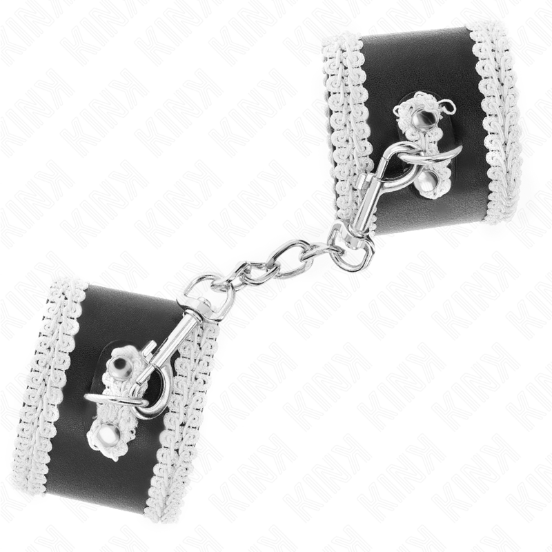 KINK - CZARNE KAJDANKI NA NADGARSTKI Z BIAŁĄ OZDOBNĄ KORONKĄ REGULOWANE 20-23 CM X 5,5 CM