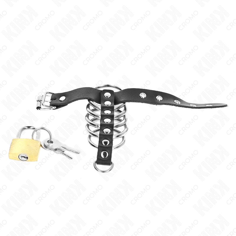 KINK - SKÓRZANY PIERŚCIEŃ NA PENISA Z PASKIEM ZAMYKANYM NA KLUCZYK 21 X 2 CM I 5 METALOWYCH KÓŁEK OD 3 CM DO 4 CM
