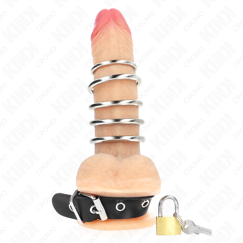 KINK - SKÓRZANY PIERŚCIEŃ NA PENISA Z PASKIEM ZAMYKANYM NA KLUCZYK 21 X 2 CM I 5 METALOWYCH KÓŁEK OD 3 CM DO 4 CM