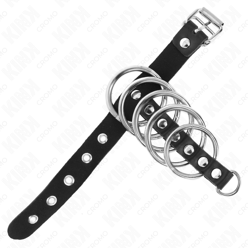 KINK - SKÓRZANY PIERŚCIEŃ NA PENISA Z PASKIEM ZAMYKANYM NA KLUCZYK 21 X 2 CM I 5 METALOWYCH KÓŁEK OD 3 CM DO 4 CM