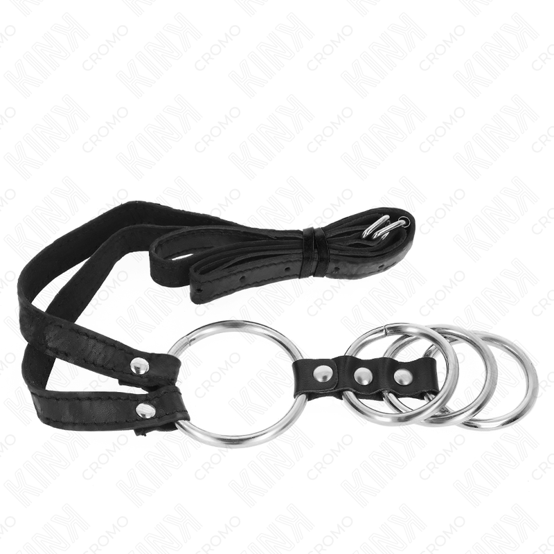 KINK - 4 POŁĄCZONE METALOWE PIERŚCIENIE NA PENISA OD 3,8 CM DO 5 CM Z PASKIEM SKÓRZANYM O DŁUGOŚCI 112 CM