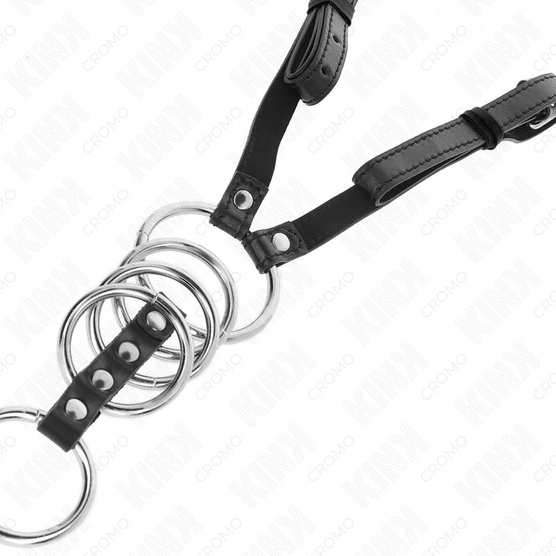 KINK - 5 PIERŚCIENI NA PENISA OD 3,8 CM DO 5 CM METAL Z PASKIEM SKÓRZANYM 112 CM