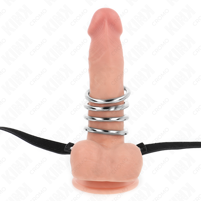 KINK - 5 PIERŚCIENI NA PENISA OD 3,8 CM DO 5 CM METAL Z PASKIEM SKÓRZANYM 112 CM