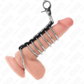 KINK - 7 METALOWYCH PIERŚCIENI NA PENISA O ŚREDNICY OD 3,8 CM DO 5 CM POŁĄCZONYCH SKÓRZANYM I METALOWYM ŁAŃCUCHEM DŁUGOŚCI 100 CM