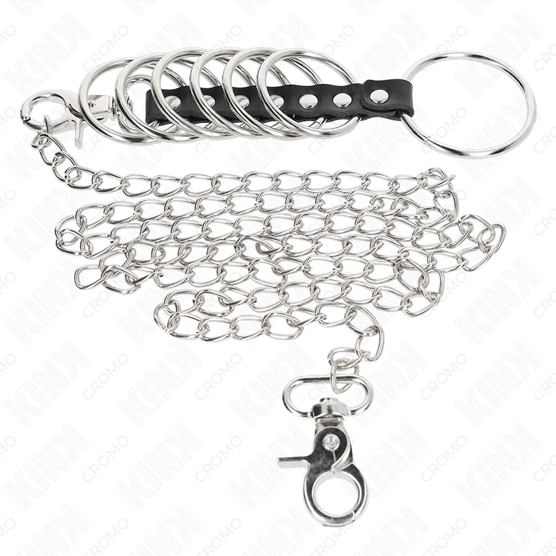 KINK - 7 METALOWYCH PIERŚCIENI NA PENISA O ŚREDNICY OD 3,8 CM DO 5 CM POŁĄCZONYCH SKÓRZANYM I METALOWYM ŁAŃCUCHEM DŁUGOŚCI 100 CM