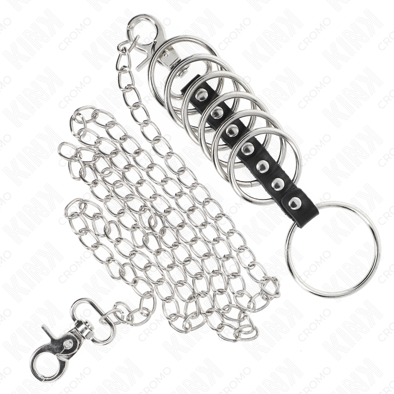 KINK - 7 METALOWYCH PIERŚCIENI NA PENISA O ŚREDNICY OD 3,8 CM DO 5 CM POŁĄCZONYCH SKÓRZANYM I METALOWYM ŁAŃCUCHEM DŁUGOŚCI 100 CM