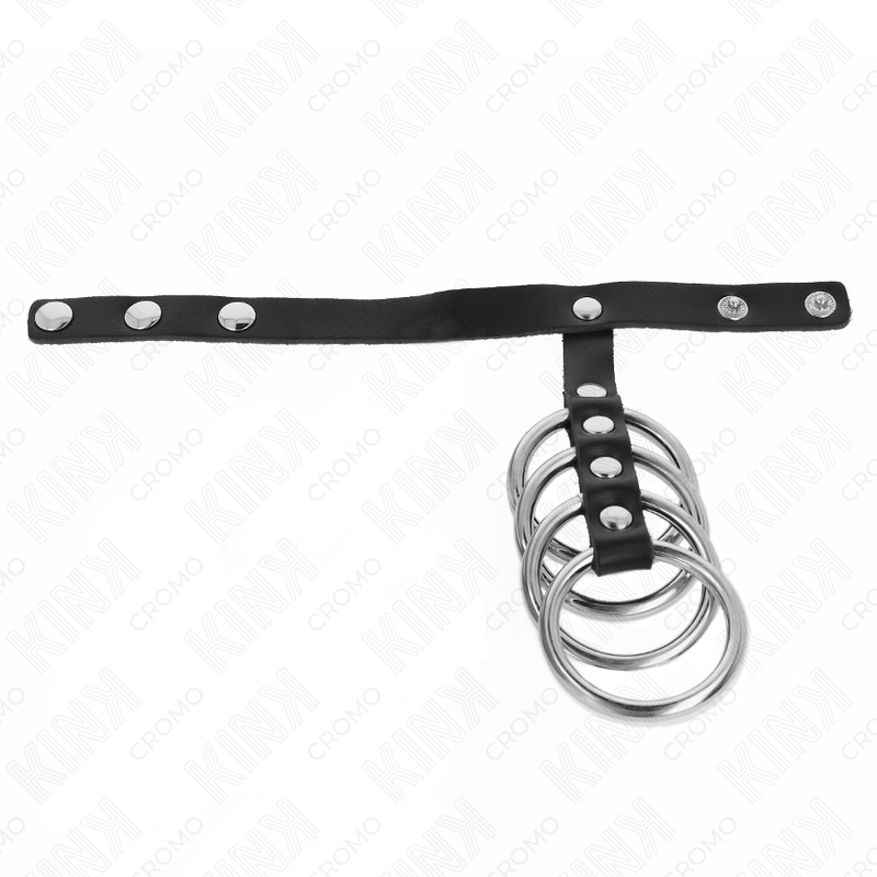 KINK – 4 METALOWE PIERŚCIENIE NA PENISA 3,8 CM POŁĄCZONE SKÓRZANYM PASKIEM 22 X 1,5 CM Z ZAPIĘCIEM NA ZACISK