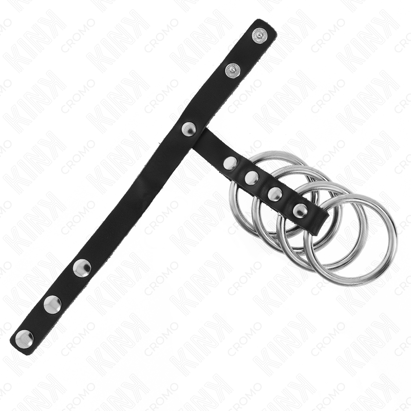 KINK – 4 METALOWE PIERŚCIENIE NA PENISA 3,8 CM POŁĄCZONE SKÓRZANYM PASKIEM 22 X 1,5 CM Z ZAPIĘCIEM NA ZACISK
