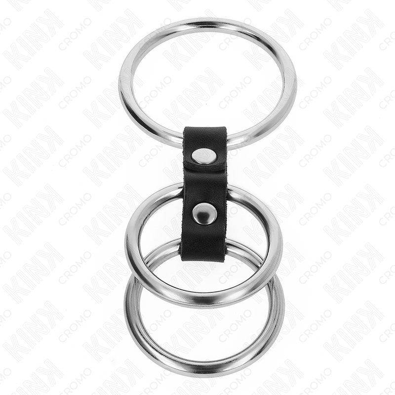 KINK - POTRÓJNY METALOWY PIERŚCIEŃ NA PENISA OD 3,7 CM DO 5 CM POŁĄCZONY ZE SKÓRĄ